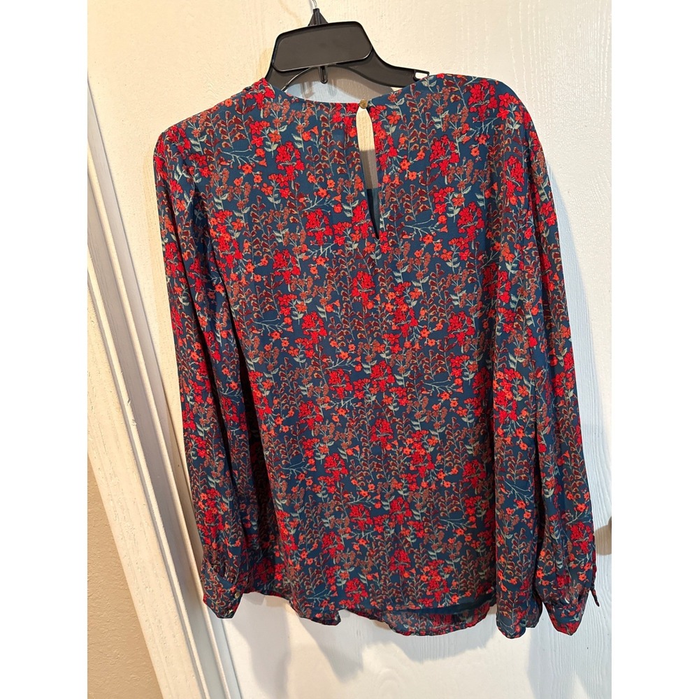 Ava & Viv Womens 1X Teal Blue Red Floral Pleated Long Sleeve Blouse Keyhole Back